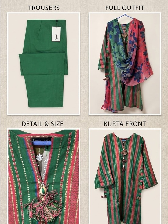 Other - J.Pret Green Striped Women’s Kurta Set with Matching Trousers & dopatta. Size S
